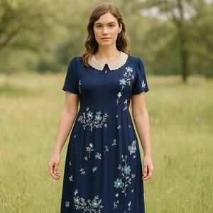 Vintage 90s Karin Stevens Navy Floral Embroidered Dress Lace Collar Cottagecore